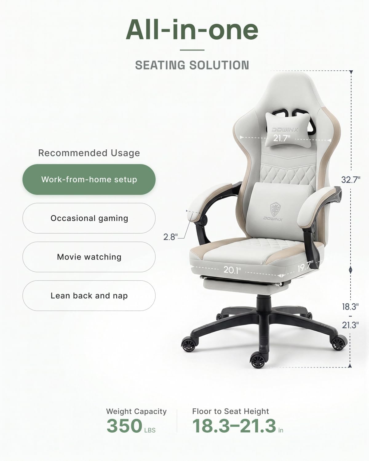Dowinx Gaming Chair Breathable Fabric Computer Chair with Pocket Spring Cushion, Comfortable Office Chair with Gel Pad and Storage Bag,Massage Game Chair with Footrest,Beige