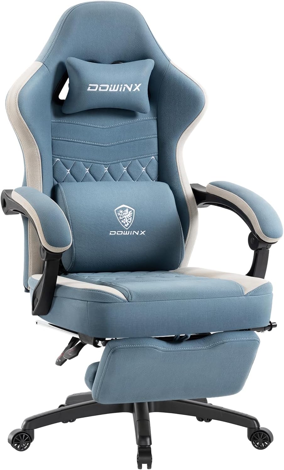 Dowinx Gaming Chair Breathable Fabric Game Chair with Gel Pad and Storage Bag, Comfortable Gamer Chair with Pocket Spring Cushion, Ergonomic Computer Chair with Footrest, Blue and White