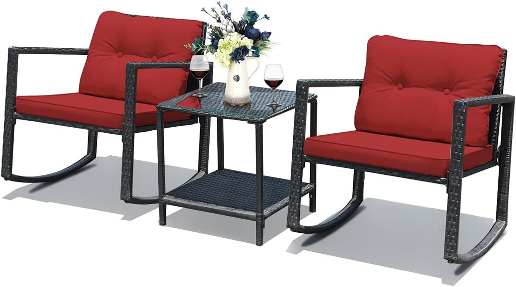COSTWAY 3 Pieces Patio Rattan Rocking Chair Set, Outdoor Conversation Furniture Sets with Coffee Table, Storage Shelf and Cushions, Modern Bistro Set for Porch, Backyard, Garden, Red