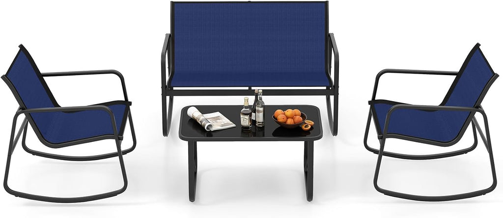 Tangkula 4 Piece Rocking Patio Furniture Set, 2 Rocking Chairs & Loveseat with Glass-Top Table, Patio Rocking Set with Smooth Rocking Motion, Outdoor Rocker Conversation Set for Porch, Yard (1, Navy)