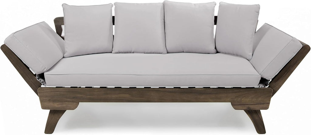 Merax Outdoor Patio Daybed Sofa,3-Seat Sofa with Foldable Arm 4 Back Pillows,Teak Acacia Wood Frame Beige Removable Cushion,Grey