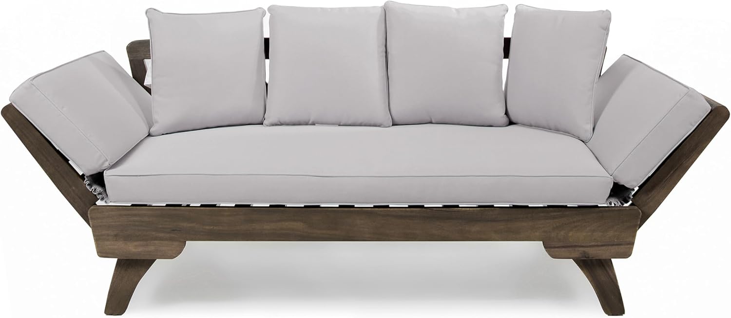 Merax Outdoor Patio Daybed Sofa,3-Seat Sofa with Foldable Arm 4 Back Pillows,Teak Acacia Wood Frame Beige Removable Cushion,Grey