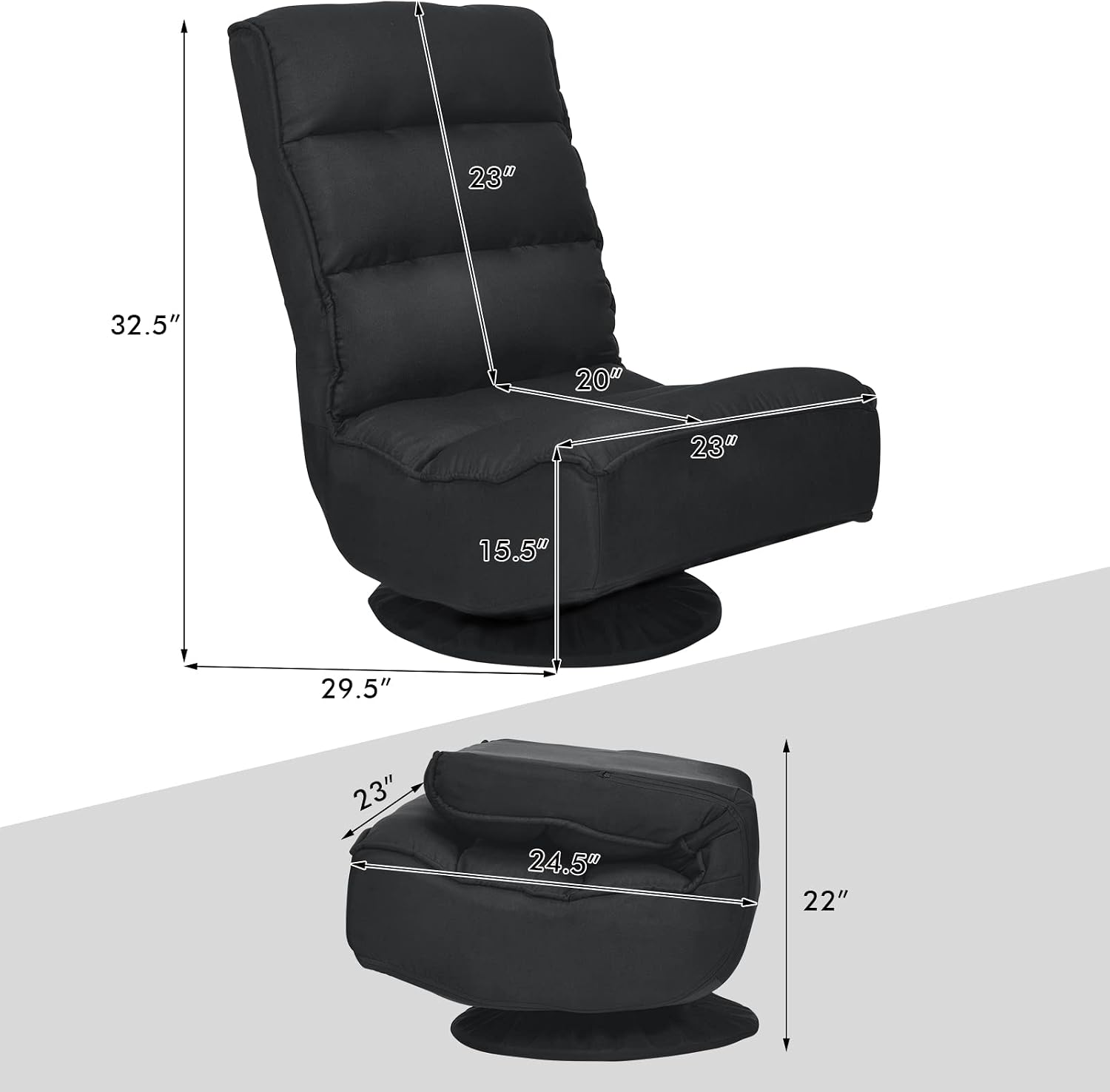 COSTWAY Folding Floor Chair, Adjustable 5-Position Video Gaming Chair with 360 Degree Swivel, Detachable Cover, Padded Backrest, Multipurpose Living Room Floor Lounger for TV, Reading, Playing (Black)