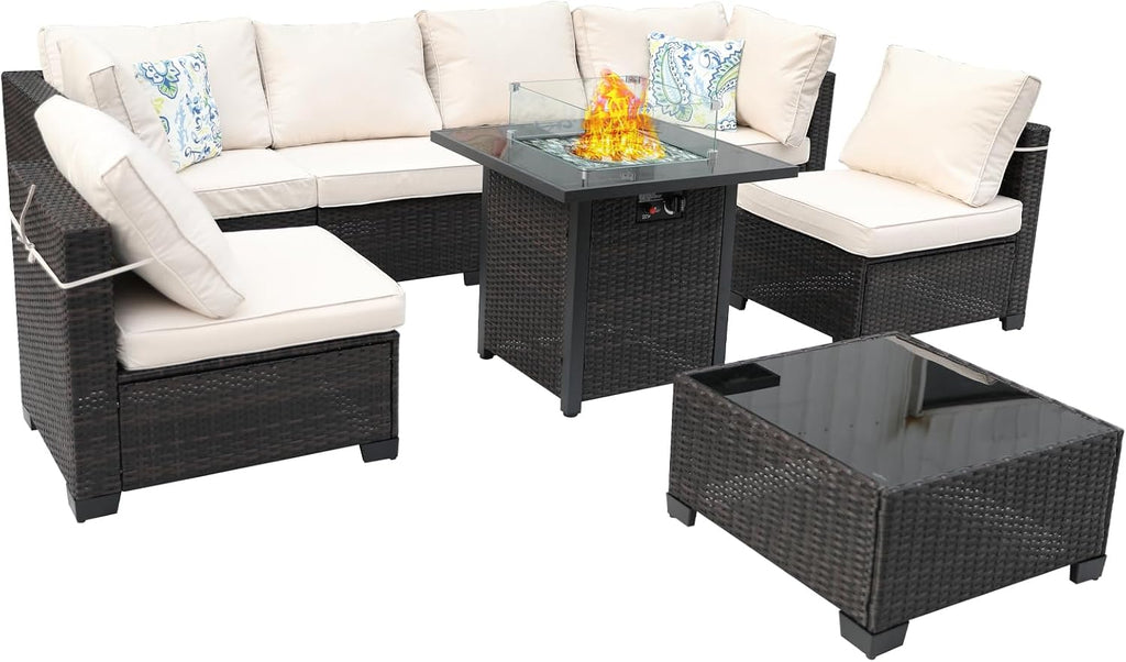 8 Piece Wicker Outdoor Patio Furniture Set with Fire Pit Table, Patio Sectional Sofa Perfect for Deck, Garden, Yard, Includes Splashproof Anti-Slip Cushions and 2 Pillows (Brown/Beige)