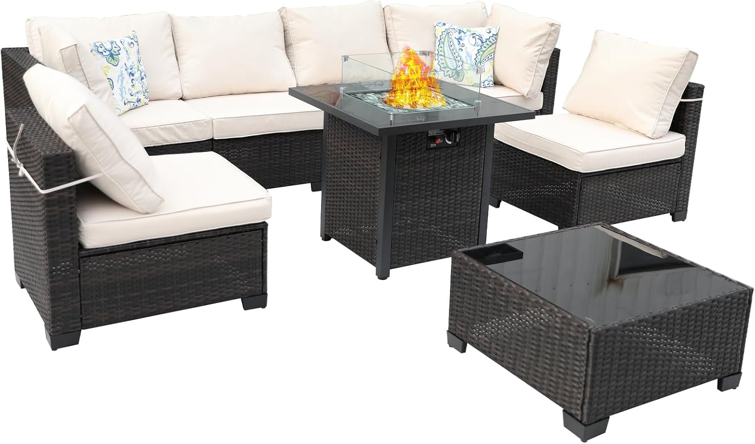 8 Piece Wicker Outdoor Patio Furniture Set with Fire Pit Table, Patio Sectional Sofa Perfect for Deck, Garden, Yard, Includes Splashproof Anti-Slip Cushions and 2 Pillows (Brown/Beige)