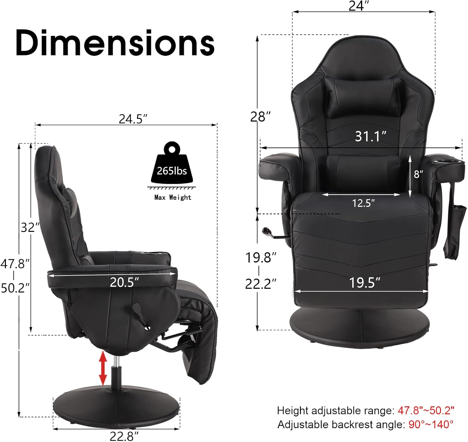 LVUYOYO Reclining Gaming Chair, Gaming Chair with Footrest and Massage, High Back PU Leather Gaming Recliner w/Adjustable Height, Swivel Game Chair with Lumbar Support, Cup Holder, Headrest