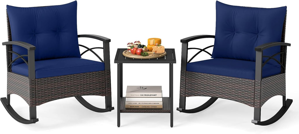 Tangkula 3 Piece Rattan Rocking Chair Set, Patio Rocker Bistro Set w/Acacia Wood Tabletop & Armrests, 2 Outdoor Cushioned Armchairs w/Double-Tier Side Table for Porch, Balcony, Backyard