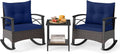 Tangkula 3 Piece Rattan Rocking Chair Set, Patio Rocker Bistro Set w/Acacia Wood Tabletop & Armrests, 2 Outdoor Cushioned Armchairs w/Double-Tier Side Table for Porch, Balcony, Backyard