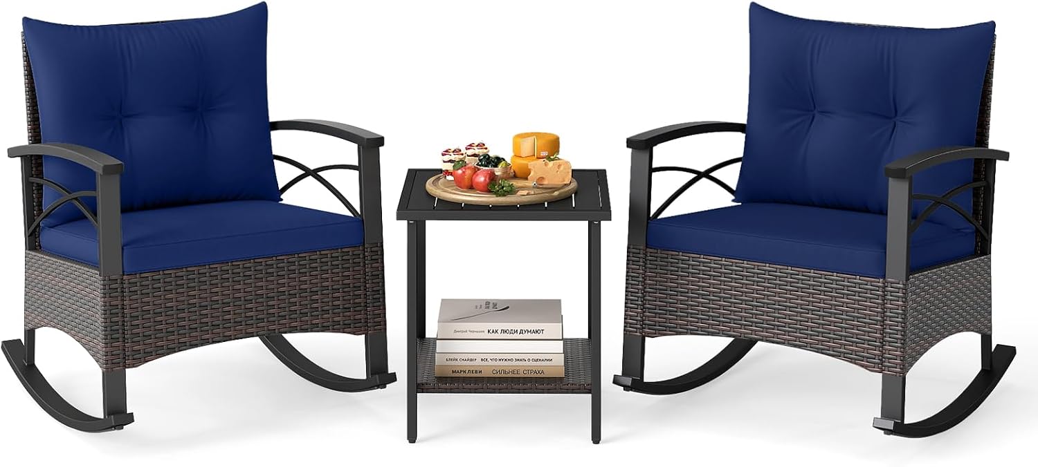 Tangkula 3 Piece Rattan Rocking Chair Set, Patio Rocker Bistro Set w/Acacia Wood Tabletop & Armrests, 2 Outdoor Cushioned Armchairs w/Double-Tier Side Table for Porch, Balcony, Backyard