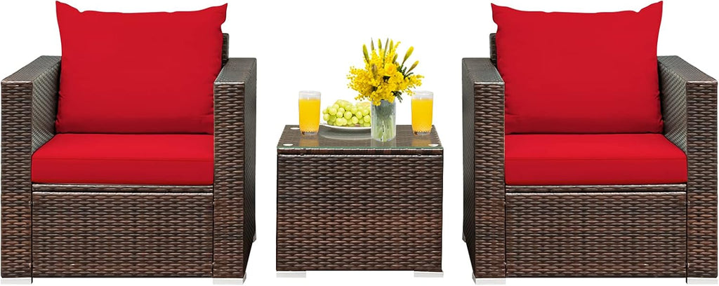 HAPPYGRILL 3 Piece Patio Furniture Set PE Rattan Wicker Sofa Set with Cushions and Coffee Table Outdoor Patio Conversation Set for Garden Poolside Balcony