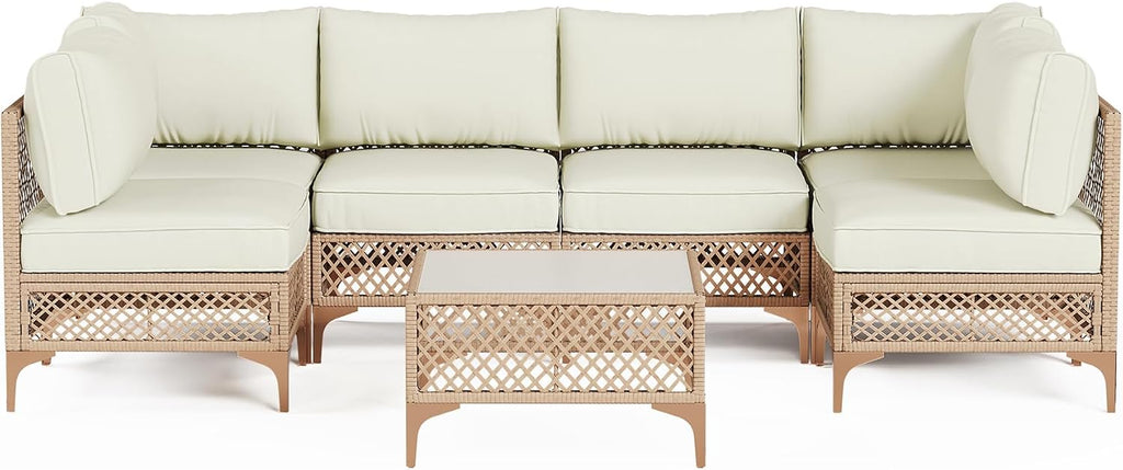 Outdoor Patio Furniture Set, Wicker Outdoor Sectional Set, Boho Patio Conversation Sectional Sofa with Large Tempered Glass Coffee Table and Waterproof Cushion (Large Size 7-Piece Patio Furniture)