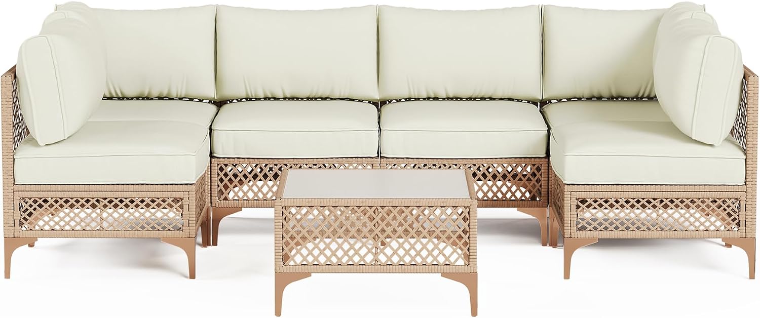 Outdoor Patio Furniture Set, Wicker Outdoor Sectional Set, Boho Patio Conversation Sectional Sofa with Large Tempered Glass Coffee Table and Waterproof Cushion (Large Size 7-Piece Patio Furniture)