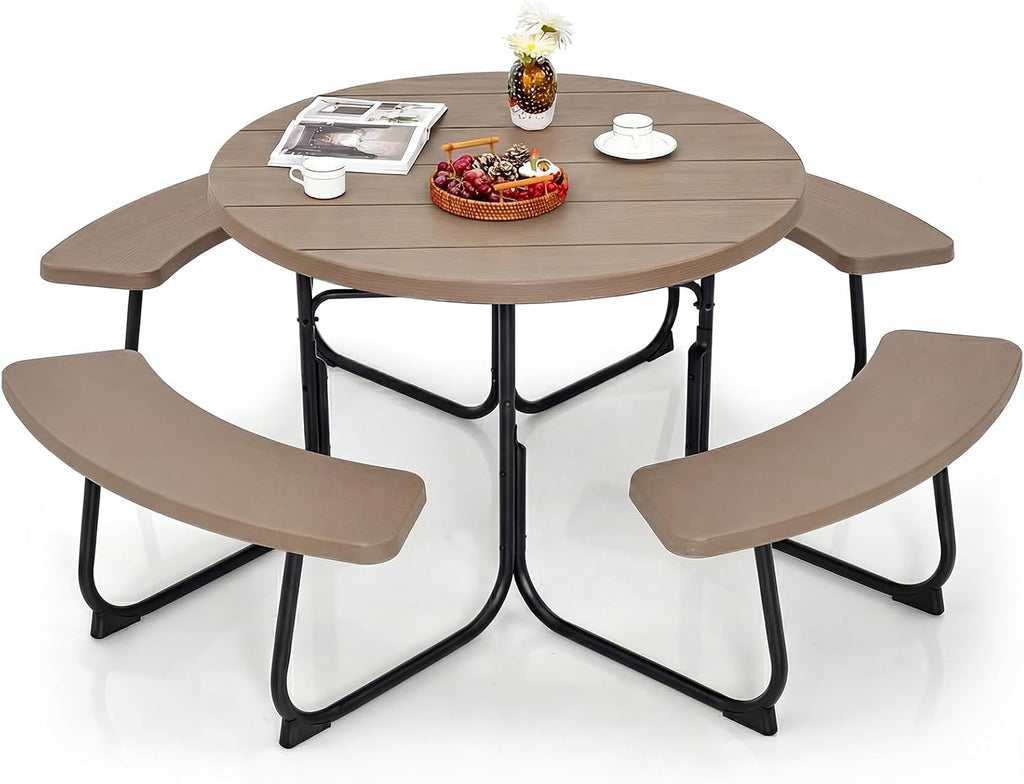Giantex Picnic Table Set for Up to 8 Persons, Round Outdoor Table and Bench Set with Umbrella Hole, HDPE Top & Metal Frame, 2000LBS Capacity, Patio Table Bench for Deck Backyard Garden, Coral Reef