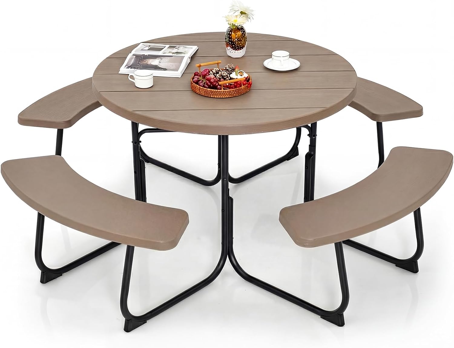Giantex Picnic Table Set for Up to 8 Persons, Round Outdoor Table and Bench Set with Umbrella Hole, HDPE Top & Metal Frame, 2000LBS Capacity, Patio Table Bench for Deck Backyard Garden, Coral Reef