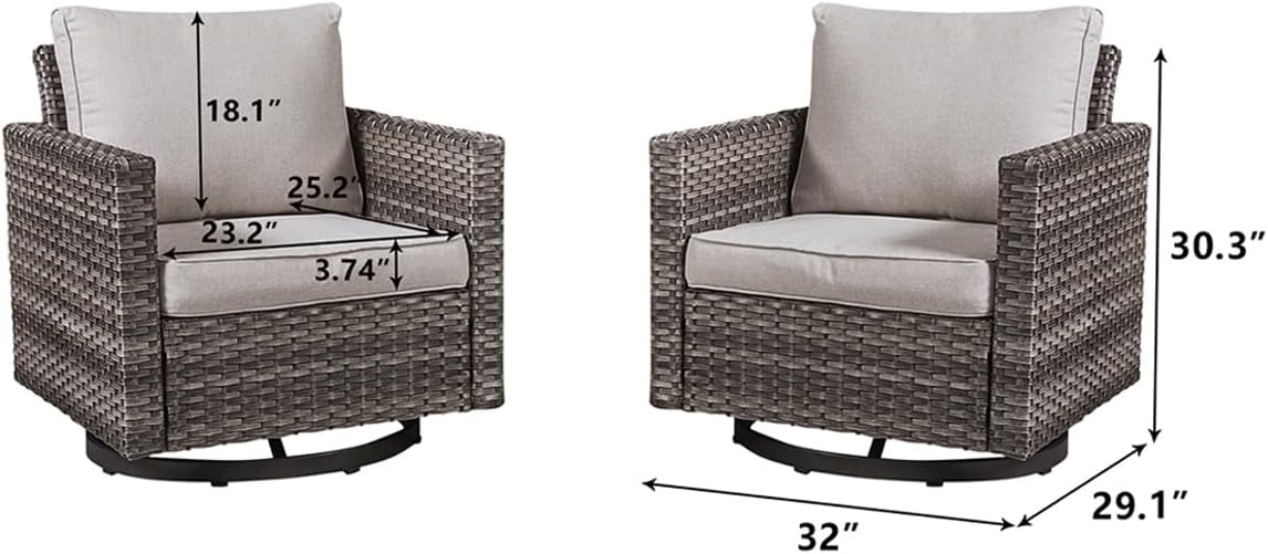 HUMMUH 3-Piece Patio Swivel Chairs,PE Wicker Outdoor Rocking Chairs Bistro Set with Side Table Porch Balcony Furniture with Cushions