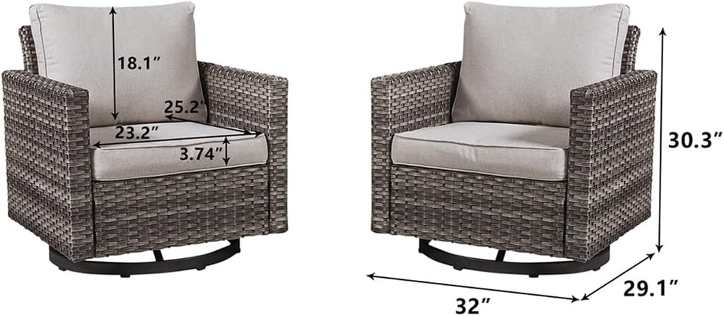 HUMMUH 3-Piece Patio Swivel Chairs,PE Wicker Outdoor Rocking Chairs Bistro Set with Side Table Porch Balcony Furniture with Cushions
