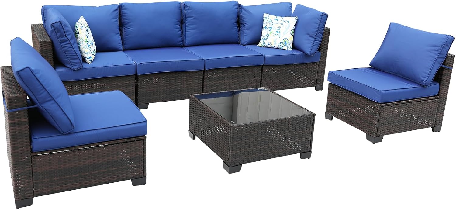 7 Pieces Patio Furniture Set (Brown/Blue), All-Weather Outdoor Sectional Sofa with Anti-Slip Cushions & 2 Pillows, Conversation Set Perfect for Garden, Lawn, Deck
