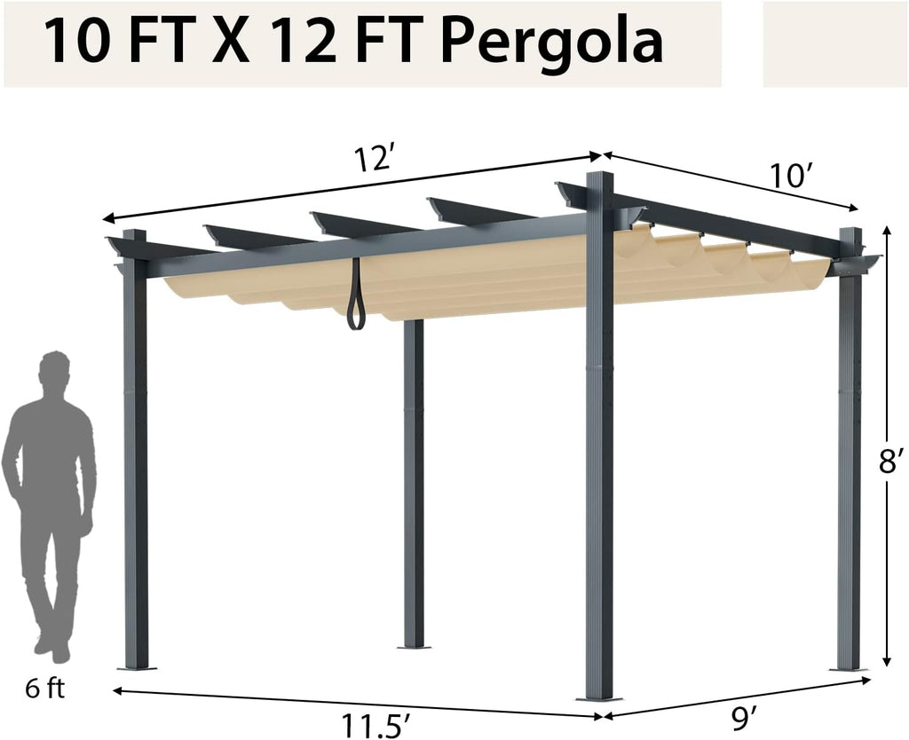 Tangkula 10x12 Ft Heavy-Duty Aluminum Pergola With Retractable Sun Shade Canopy, Extra Large Patio Shelter Pavilion, Metal Structure for Deck, Porch, Garden, Yard - Beige