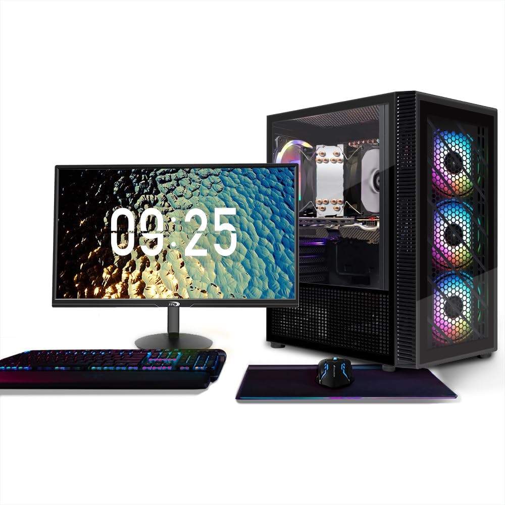 STGAubron Gaming PC Bundle with 24 inch FHD LED Monitor- AMD Ryzen 5 5500 up to 4.2GHz, Radeon RX 580 8G, 16G DDR4, 512G SSD, RGB Fan x4, Windows 11 Home