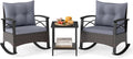 Tangkula 3 Pieces Outdoor Rocking Chairs Set, Rattan Heavy Duty Cushioned Rocker Chairs with 2-Tier Tempered Glass Coffee Table, for Garden, Balcony, Backyard (Gray)