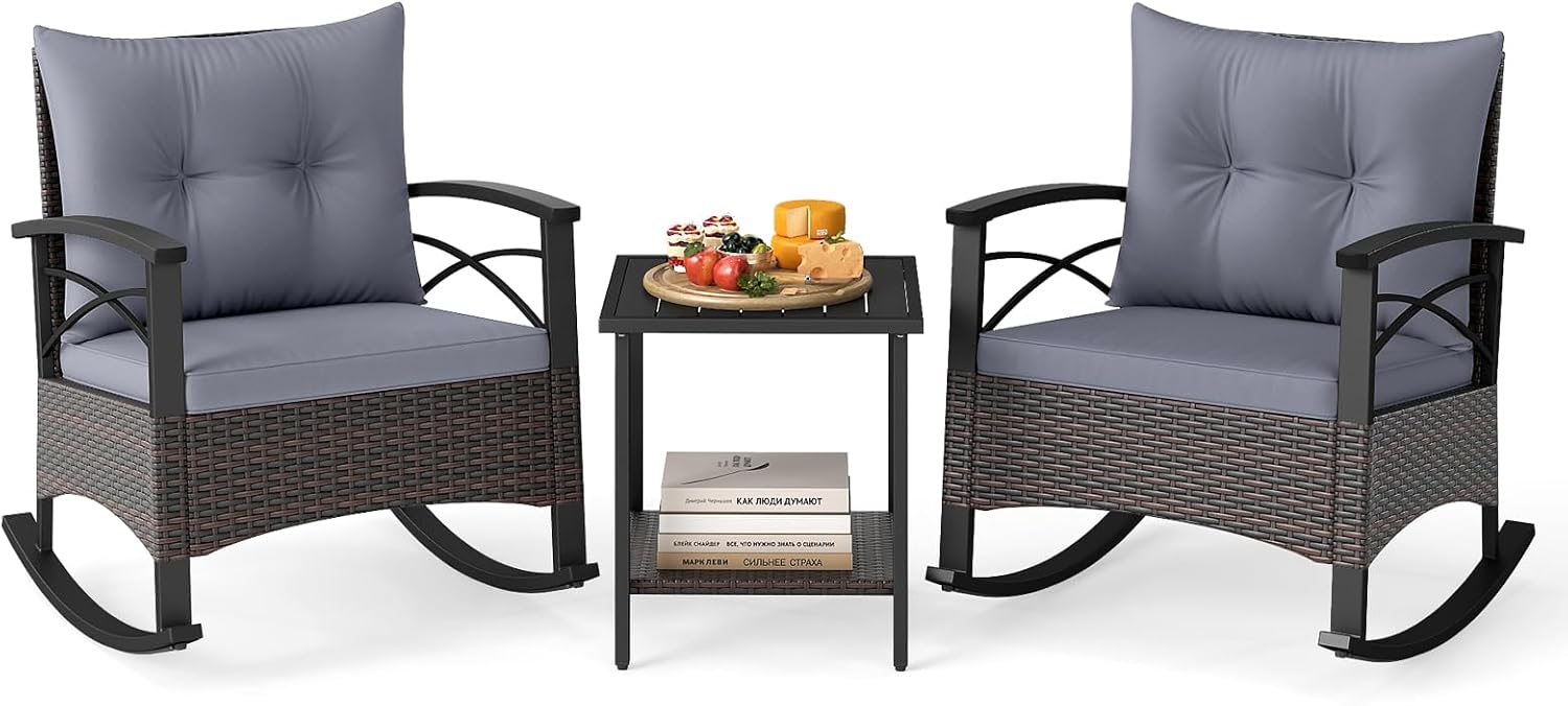 Tangkula 3 Pieces Outdoor Rocking Chairs Set, Rattan Heavy Duty Cushioned Rocker Chairs with 2-Tier Tempered Glass Coffee Table, for Garden, Balcony, Backyard (Gray)