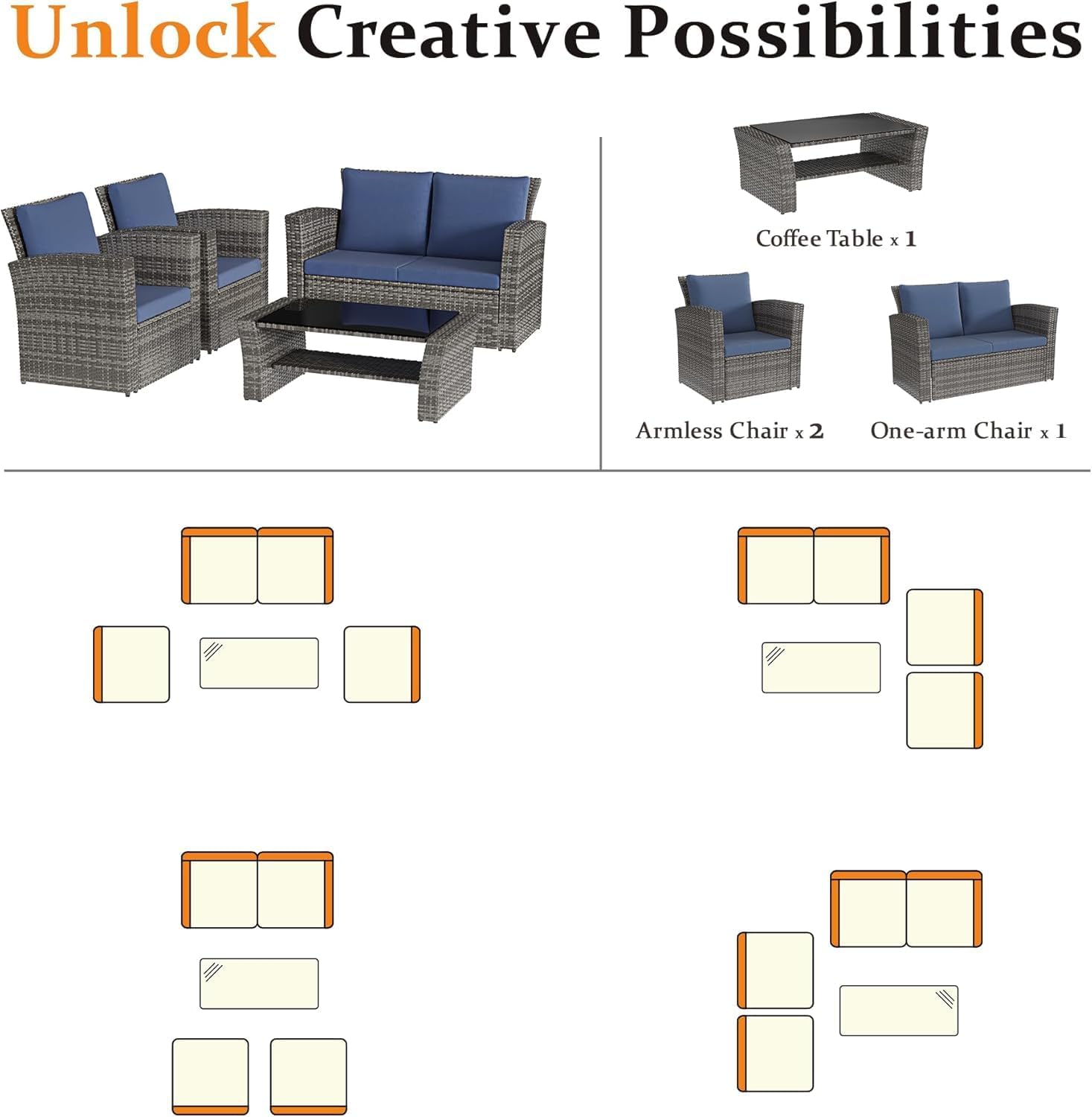 Solaste 4 Piece Outdoor Patio Furniture Set, Outdoor Sectional Sofa with Tempered Glass Coffee Table and Cushions, Wicker Rattan Patio Set for Backyard, Front Porch, Balcony, Navy
