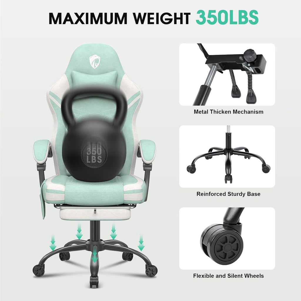 Gaming Chair, Tech Fabric Computer Chair with Massage, Office Chair with Pocket Spring Widened Cushion, High Back Ergonomic Chair with Footrest Lumbar Support Upgraded Metal Legs 350LBS (Green)