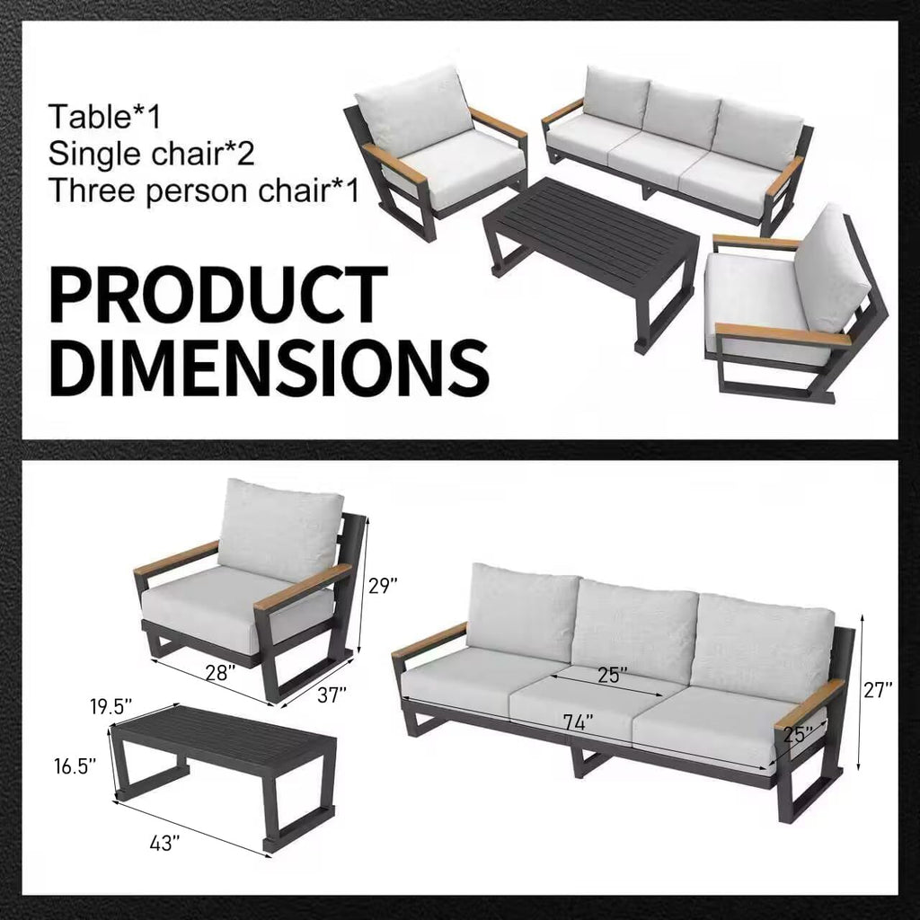 Aug-guan Aluminum Outdoor Sofa,4 Seats Modern Patio Furniture Set,Sectional Sofa Conversation Set with Coffee Table, Upgraded Washable Cushions for Garden Backyard,Grey