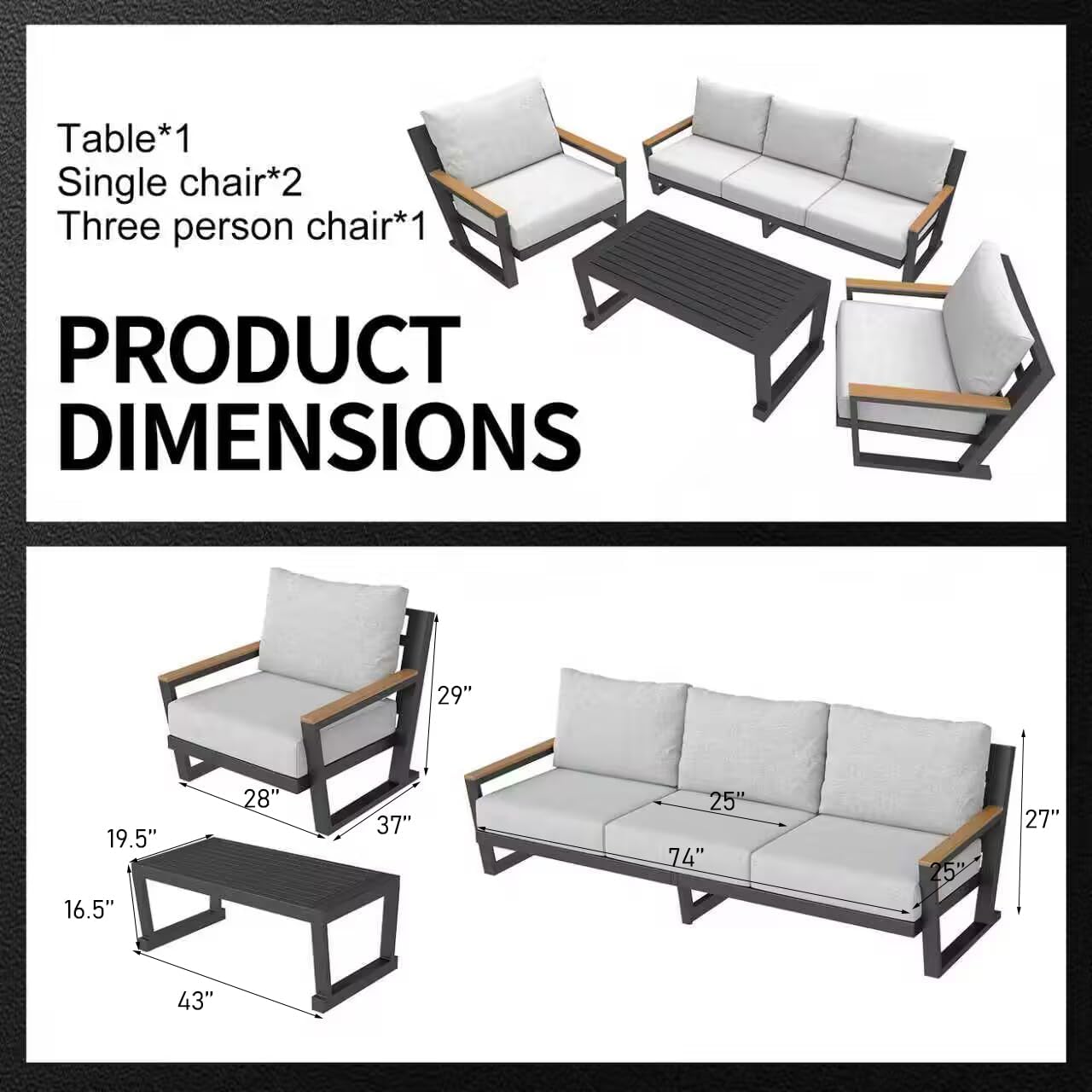 Aug-guan Aluminum Outdoor Sofa,4 Seats Modern Patio Furniture Set,Sectional Sofa Conversation Set with Coffee Table, Upgraded Washable Cushions for Garden Backyard,Grey