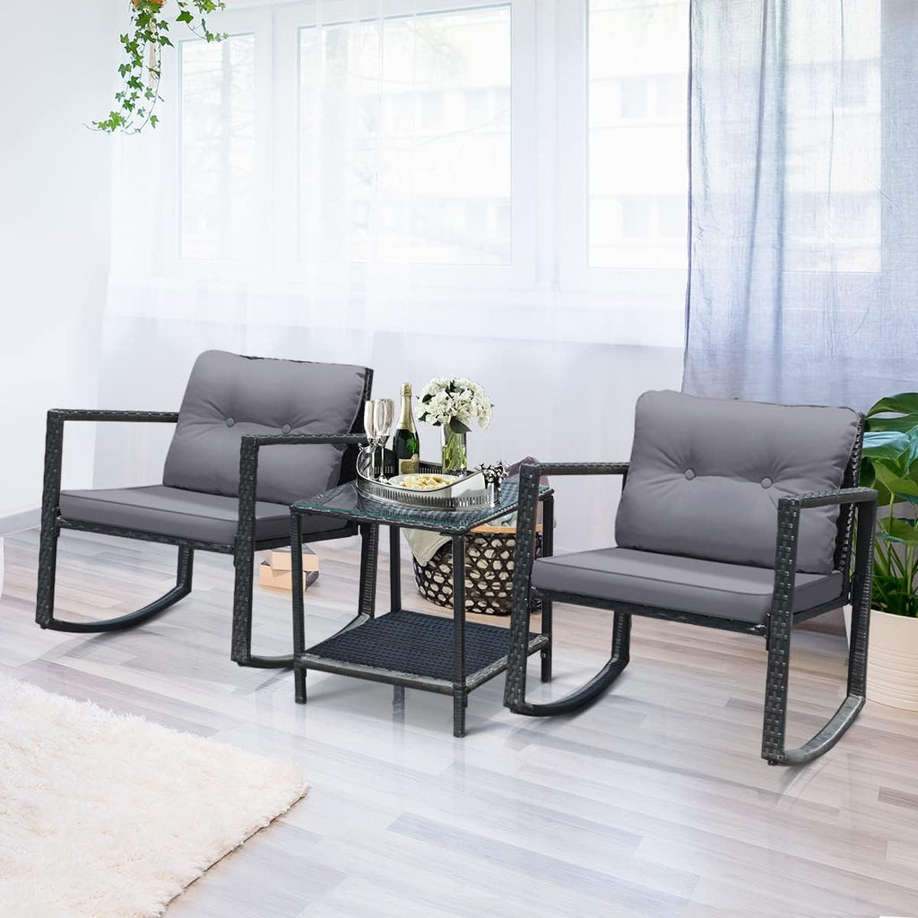 COSTWAY 3 Pieces Patio Rattan Rocking Chair Set, Outdoor Conversation Furniture Sets with Coffee Table, Storage Shelf and Cushions, Modern Bistro Set for Porch, Backyard, Garden, Gray