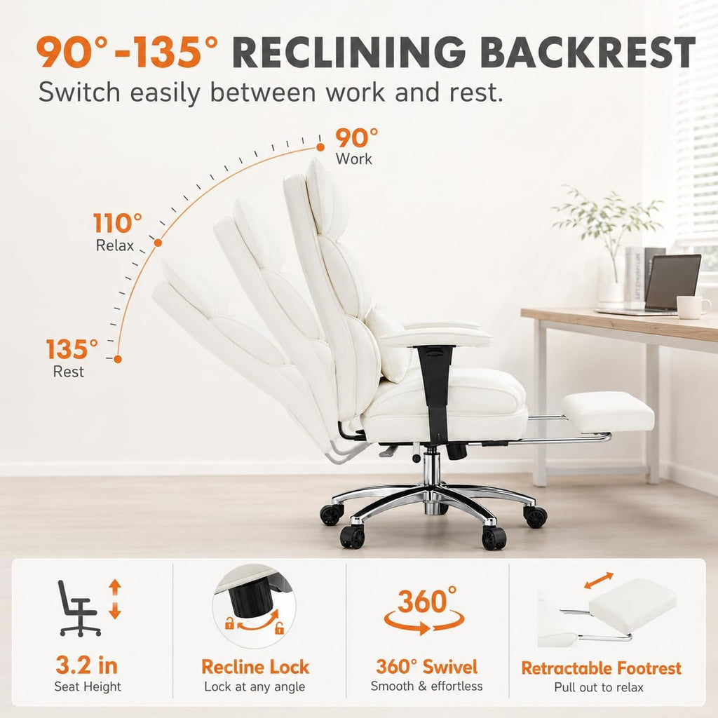 Big and Tall Ergonomic Office Chair with Footrest, Executive High Back PU Leather Desk Chair, Reclining Computer Chair with Adjustable Lumbar Support and Armrests, Swivel Rolling Gaming Chair, Beige