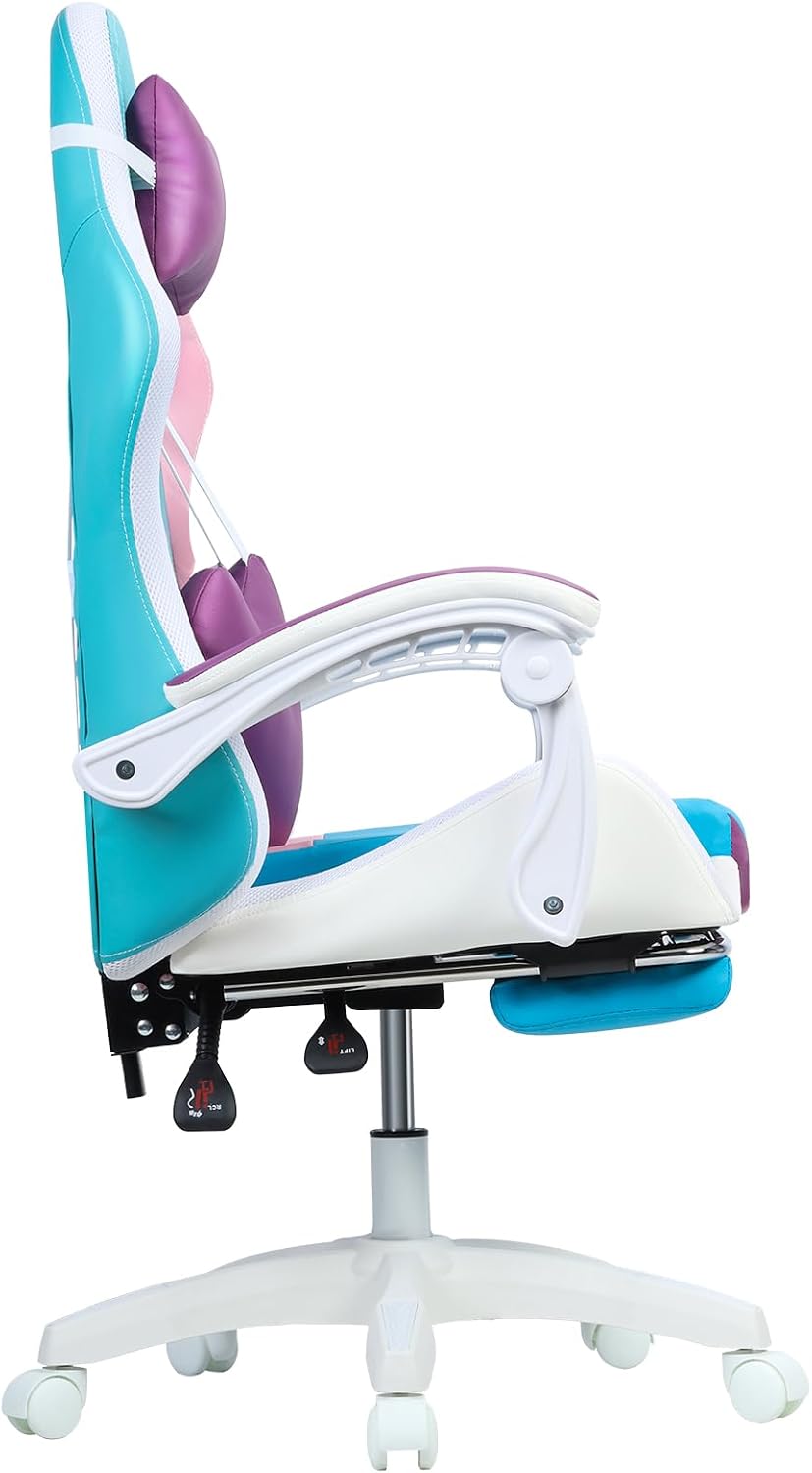 Gaming Chair, Bluetooth Gaming Chair with LED Lights and Footrest, Height Adjustable Computer Chair Lumbar Support for Adults (Purple, Without Speakers)