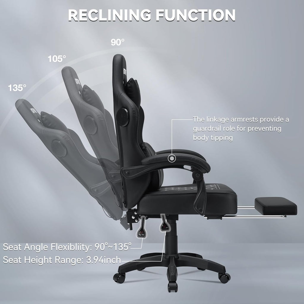 HOFFREE Gaming Chair with Speakers Massage Computer Gaming Chairs for Adults Reclining Bluetooth Game Chairs with Pocket Spring Cushion Video Game Chair with Footrest Computer Office Desk Chair Black