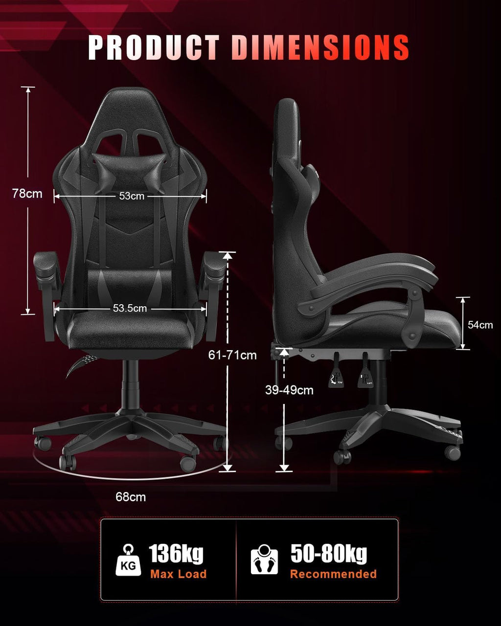 Racingreat Gaming Chair with RGB LED Lights, Ergonomic Computer Chair with Headrest and Lumbar Support, PU Leather High Back Height Adjustable Swivel Video Game Chairs for Adults(Black)