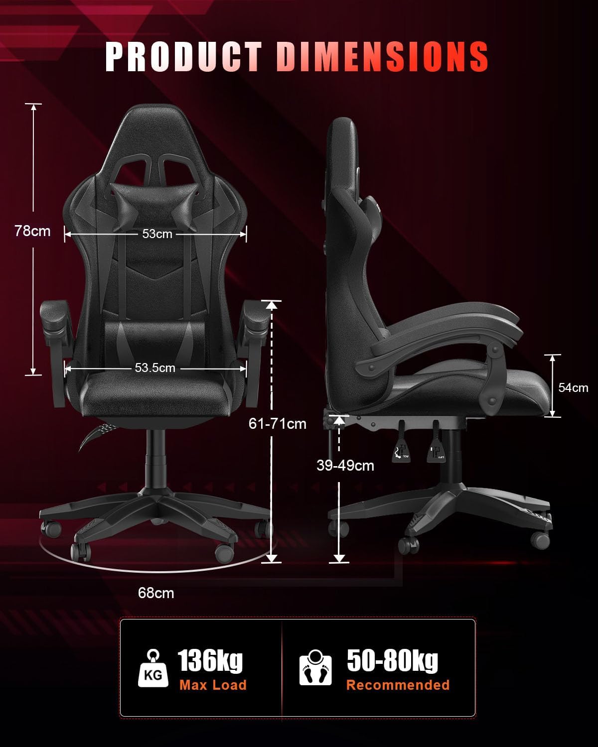 Racingreat Gaming Chair with RGB LED Lights, Ergonomic Computer Chair with Headrest and Lumbar Support, PU Leather High Back Height Adjustable Swivel Video Game Chairs for Adults(Black)
