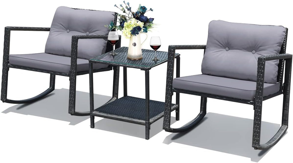 COSTWAY 3 Pieces Patio Rattan Rocking Chair Set, Outdoor Conversation Furniture Sets with Coffee Table, Storage Shelf and Cushions, Modern Bistro Set for Porch, Backyard, Garden, Gray
