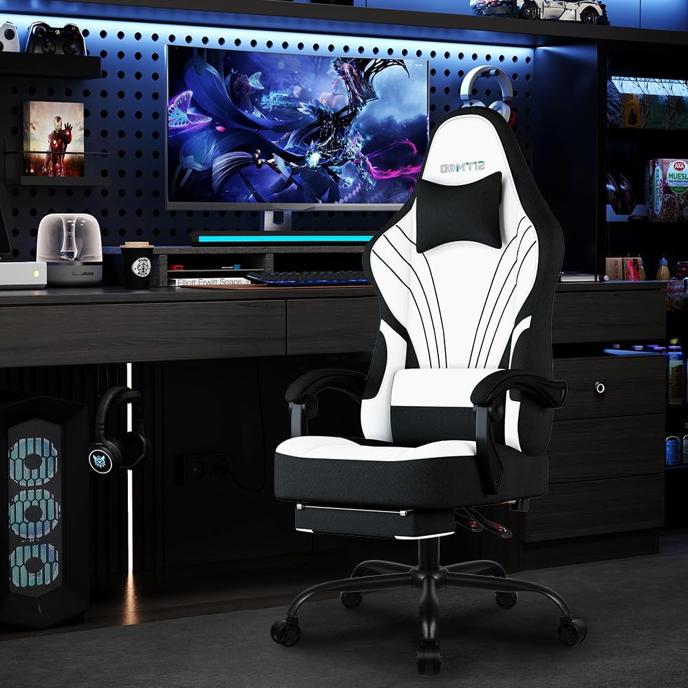 Gaming Chair Fabric, Ergonomic Computer Chair with Footrest, Video Gamer Chair with Pocket Spring Cushion,Linkage Armrests and Headrest Lumbar Support,Swivel Height Adjustable Office Chair for Adults