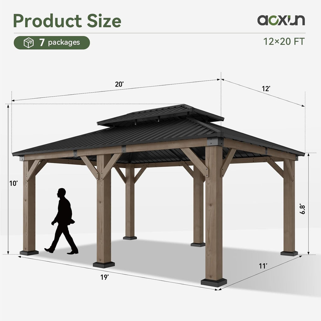 Aoxun 12' x 20' Outdoor Wood Gazebo, Hardtop Gazebo Permanent Wooden Pavilion with Galvanized Steel Double Roof, for Patio, Garden, Backyard, Cedar Wood, Grey