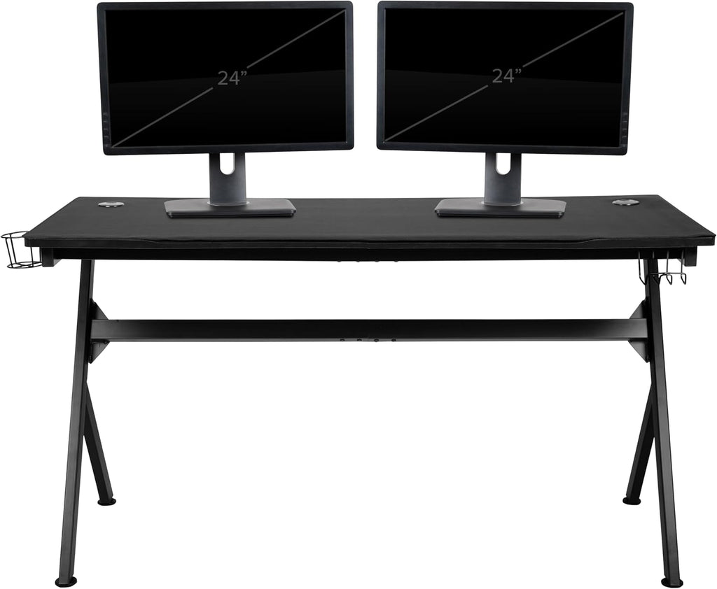 Flash Furniture Gaming Desk and White/Black Racing Chair Set /Cup Holder/Headphone Hook/Removable Mouse Pad Top - 2 Wire Management Holes
