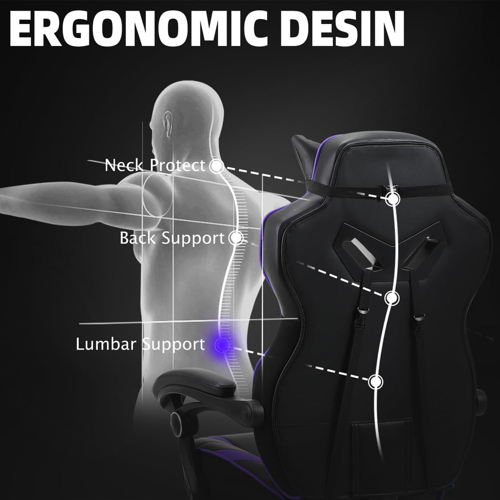 Vonesse Gaming Chair, Big and Tall Gaming Chair with Footrest and Massage, Gaming Chairs for Adults with Lumbar Support, Ergonomic High Back Computer Chair with Pocket Spring Cushion (Purple/Black)