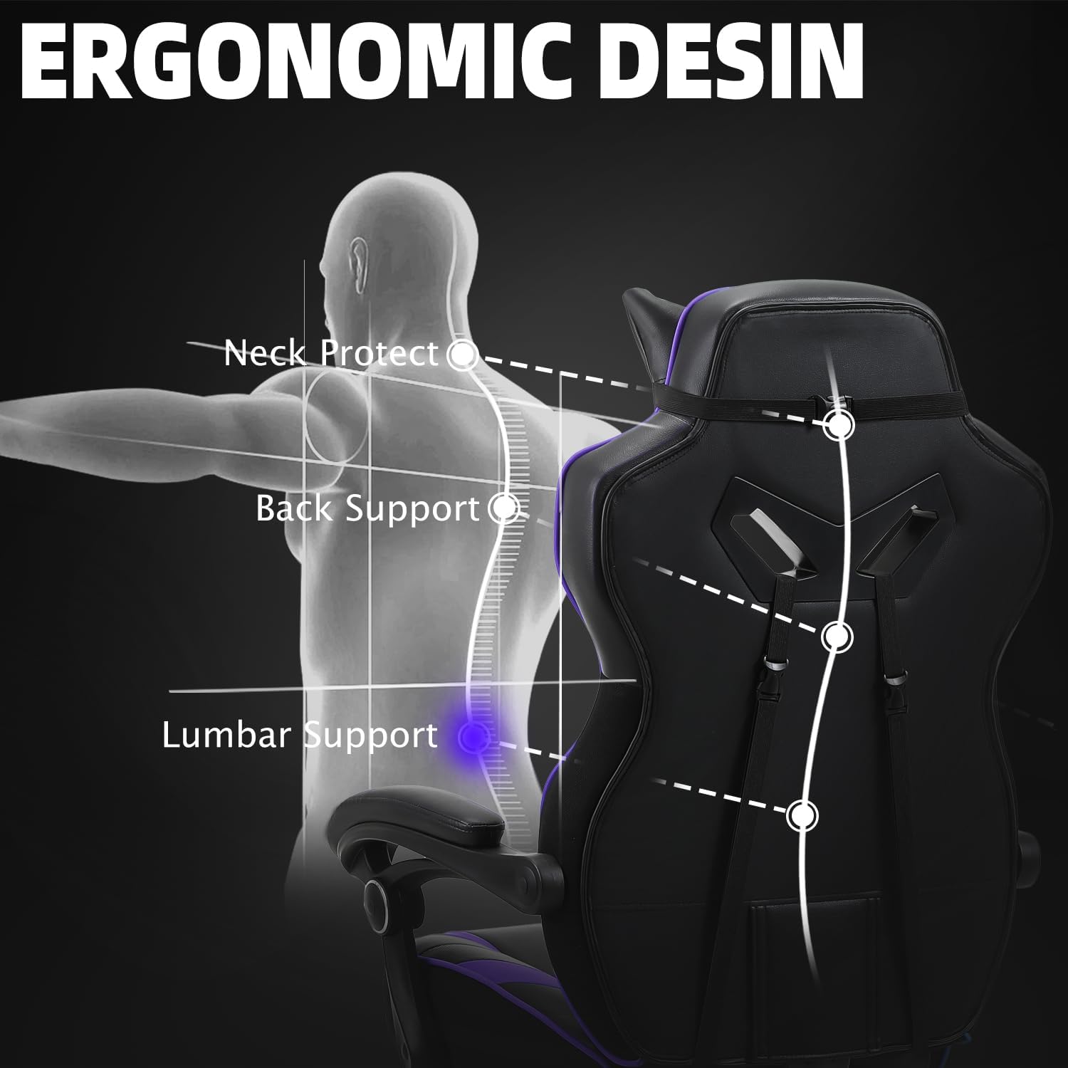 Vonesse Gaming Chair, Big and Tall Gaming Chair with Footrest and Massage, Gaming Chairs for Adults with Lumbar Support, Ergonomic High Back Computer Chair with Pocket Spring Cushion (Purple/Black)