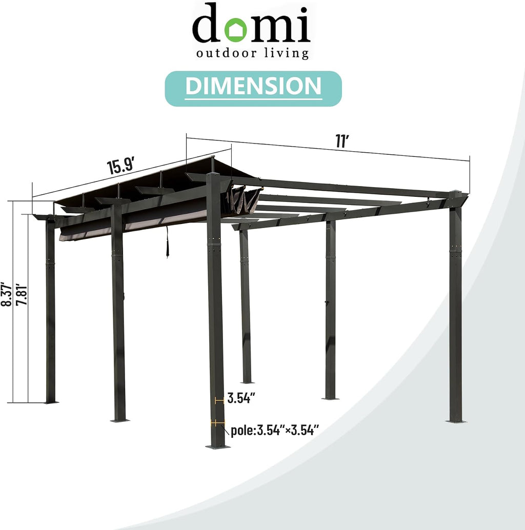 Domi Outdoor Retractable Pergola 11' x 16',Heavy-Duty Aluminum Shelter with Double Sun Shade Pavilion Large Grill Canopy for Gardens,Backyard and Decks,Dark Grey