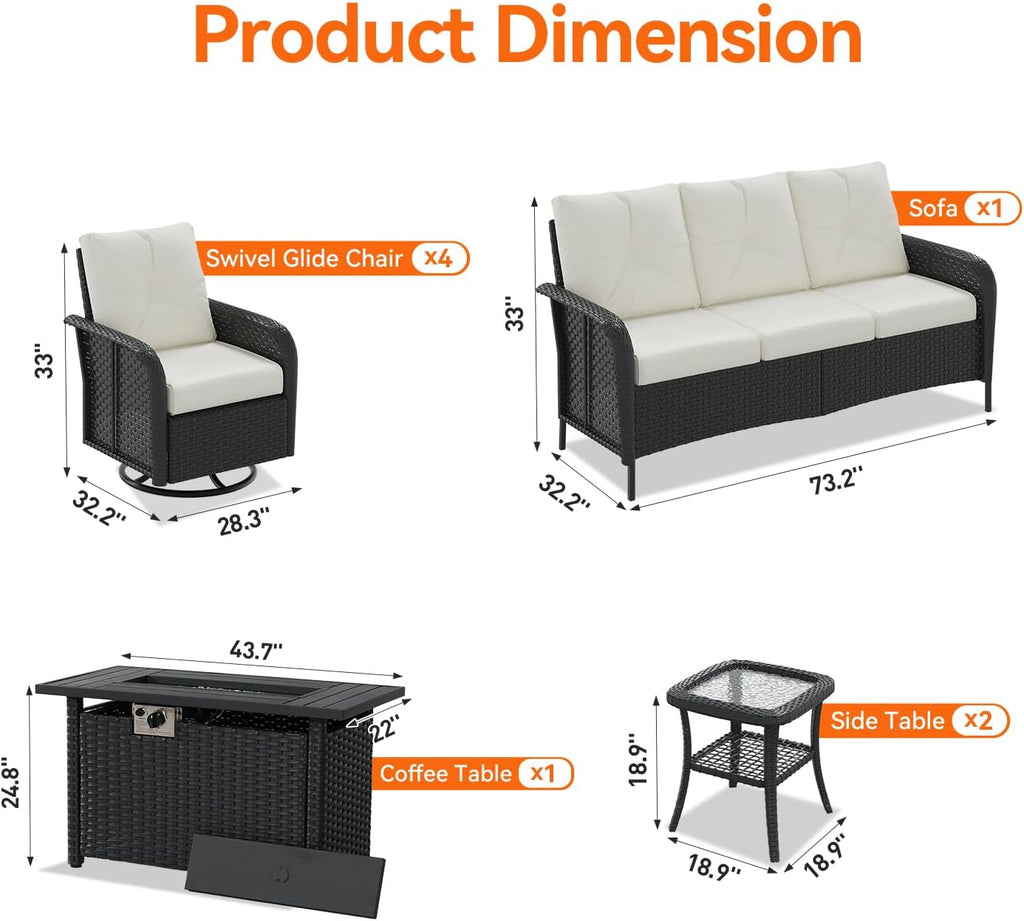 Aoxun Luxury 10-Piece Patio Furniture Set with 44'' Fire Pit Table, Wicker Rattan Sofa with Thick Cushion, Outdoor Conversation Set for Backyard, Poolside & Garden, Black/Beige