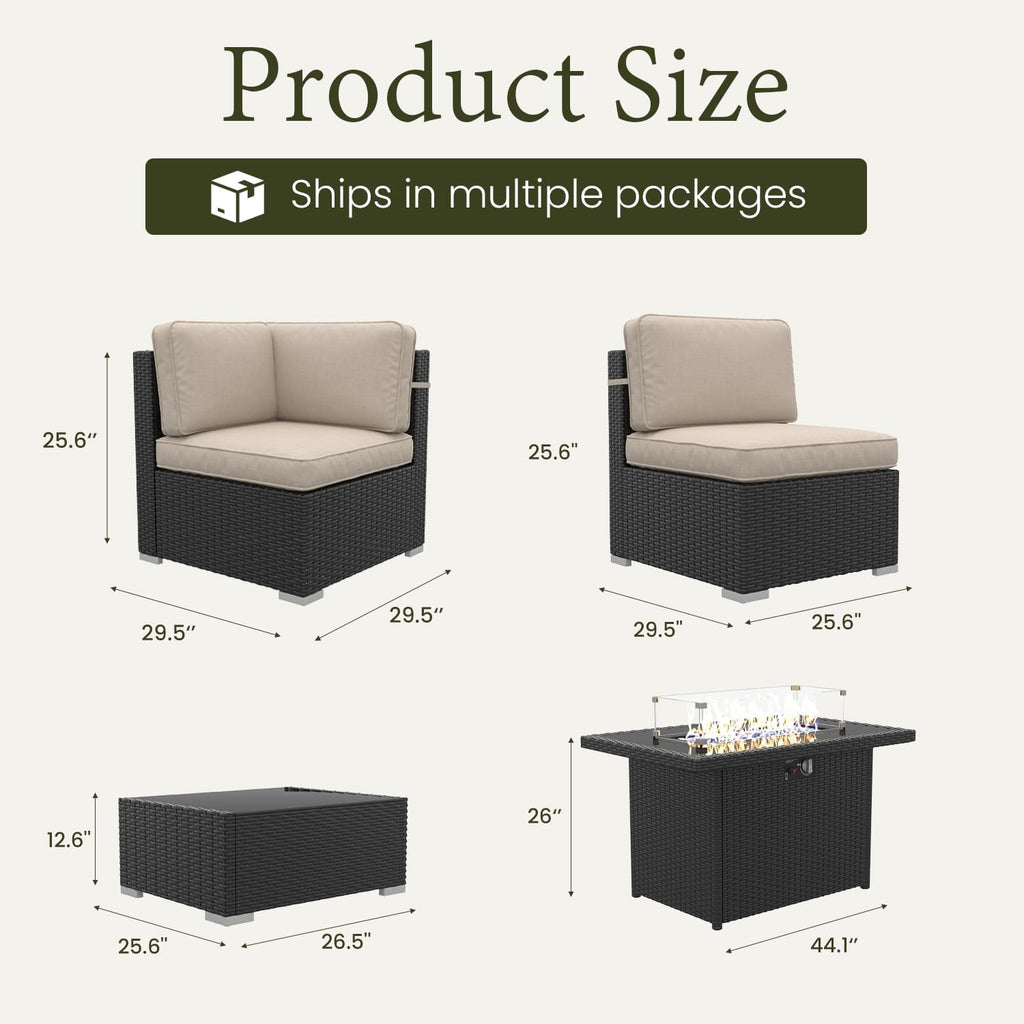 LayinSun 8 Piece Patio Furniture Set with 44' Propane Gas Fire Pit Table, Outdoor Sectional Conversation Set Wicker Rattan Sofa Set with Coffee Table