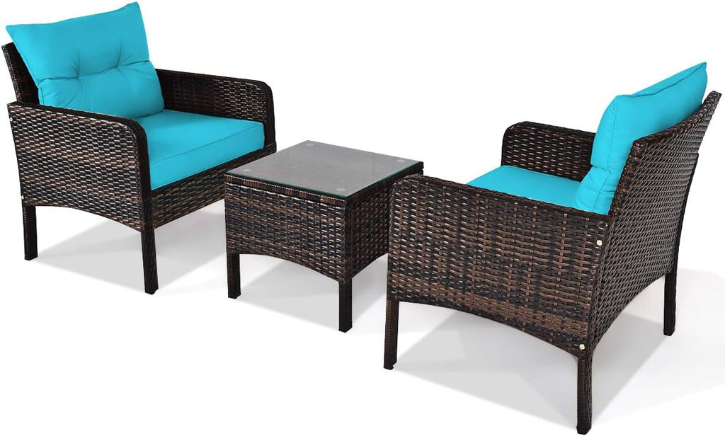 Tangkula 3 Piece Wicker Chairs with Glass Top Coffee Table, Thick Cushions, All Weather Garden Lawn Poolside Backyard Porch Outdoor Patio Furniture Set for 2 (Turquoise)