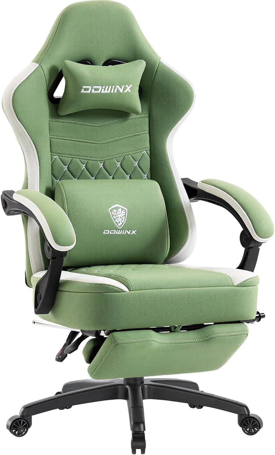 Dowinx Gaming Chair Breathable Fabric Game Chair with Gel Pad and Storage Bag, Comfortable Gamer Chair with Pocket Spring Cushion,Ergonomic Computer Chair with Footrest,Green and White
