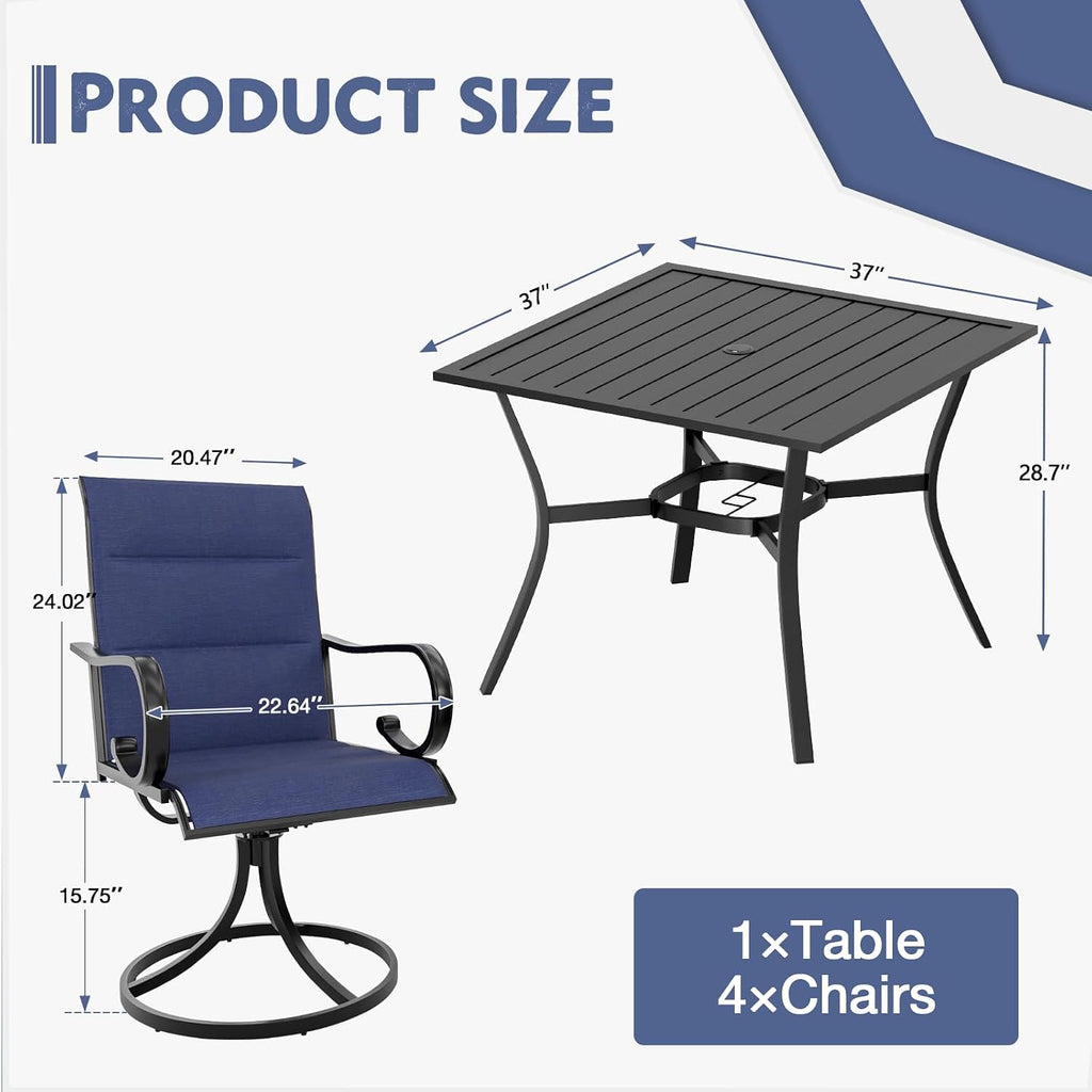 MELLCOM 5 Pieces Outdoor Dining Set, 4 Swivel Rocker Chairs with High Back Textilene & Square Metal Dining Table with Umbrella Hole, Patio Furniture Set for Porch, Garden, Backyard, Deck, Blue
