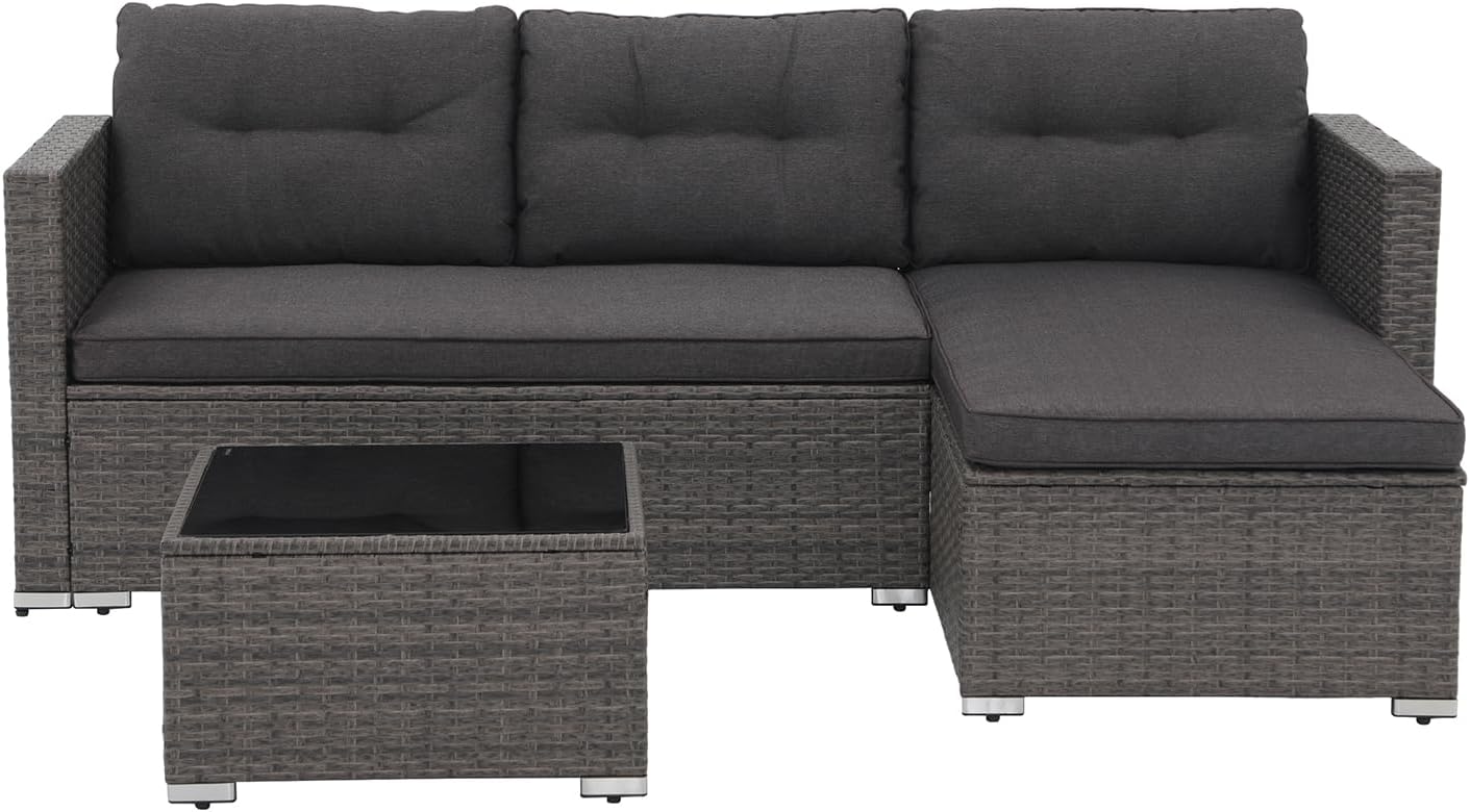 JOIVI Outdoor Patio Furniture Sets, 3-Piece All Weather Wicker Outdoor Conversation Set, Rattan Sectional Sofa Set, Patio Couch with Tempered Glass Table for Porch, Garden, Dark Gray