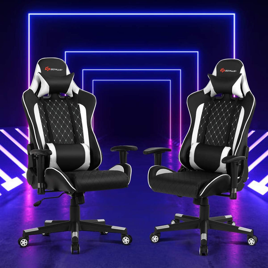 Goplus Massage Gaming Chair, Reclining Backrest Handrails and Seat Height Adjustment Racing Computer Office Chair, Ergonomic High Back Embroidered PU Swivel Game Chair with Headrest and Lumbar Cushion