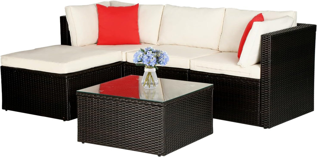 5 Pieces Patio Furniture Set Outdoor Sectional Furniture All Weather Outdoor Couch Rattan Sofas Deck Furniture with Sponge Cushion Headrest and Glass Table for Backyard Deck Poolside Yard Pool,Khaki